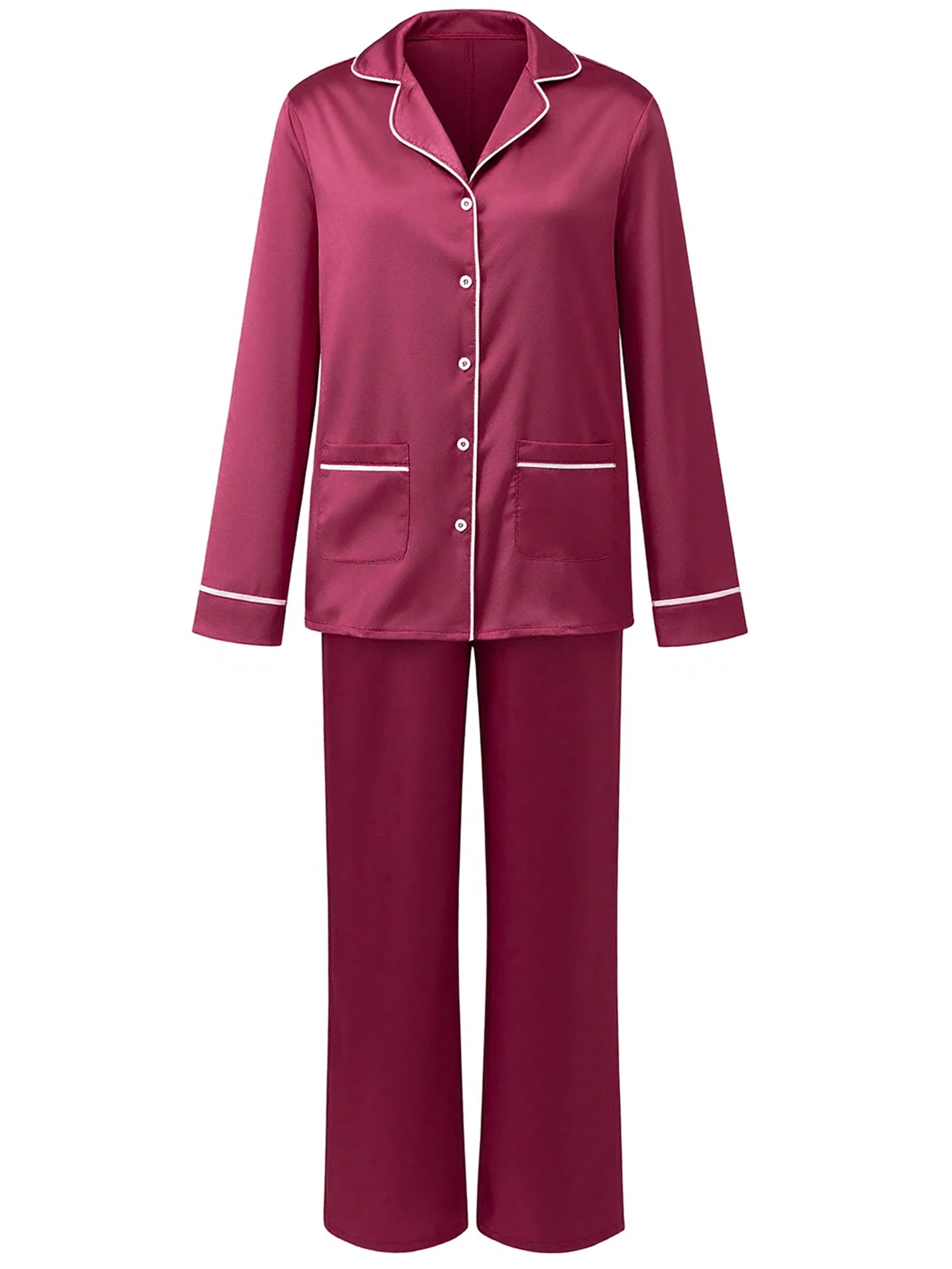 Women's Satin Two Pieces Pajama Sets Fashionable Contrast Color Trim Long Sleeve Button Down Tops with Pants Soft Sleepwear