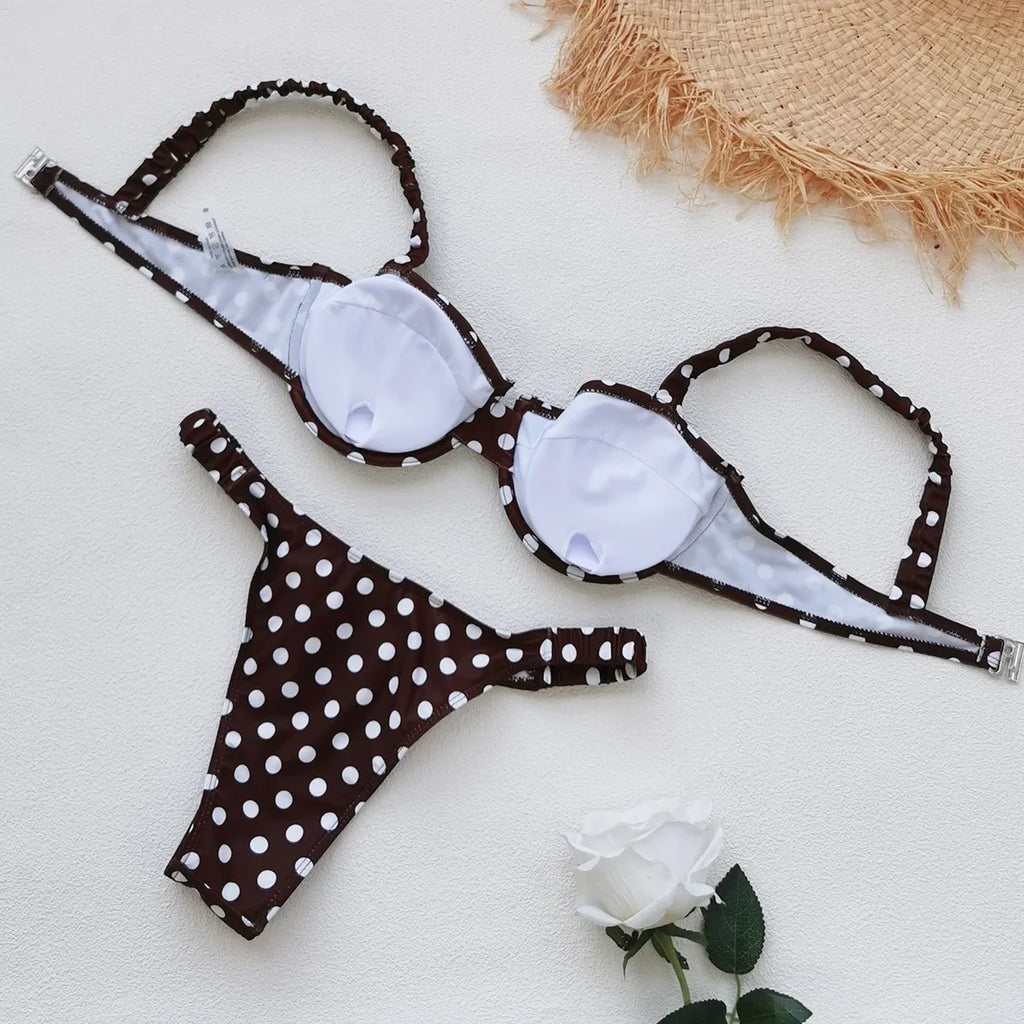 Vintage Brown Polka Dot Print Bikini Set 2026 Women Push Up Underwire Bra Pleate Thong Swimsuit Beach Bathing Suit Mini Swimwear