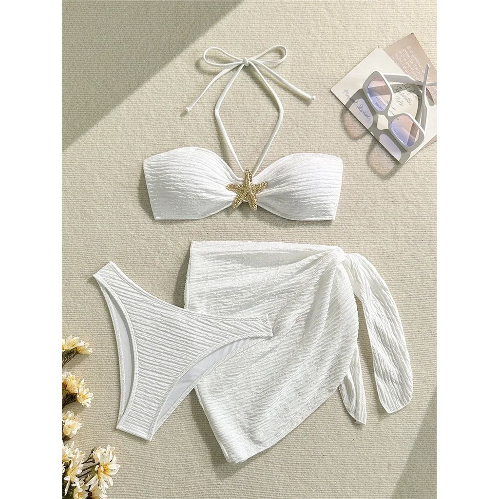 3PCS With Sarong Metal Star Halter Bikini Female Swimsuit Women Swimwear Three-Pieces Bikini Set Bather Bathing Suit Swim V7042