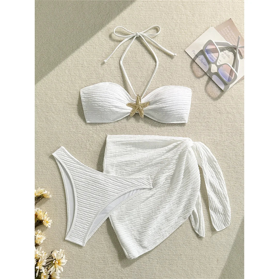 3PCS With Sarong Metal Star Halter Bikini Female Swimsuit Women Swimwear Three-Pieces Bikini Set Bather Bathing Suit Swim V7042