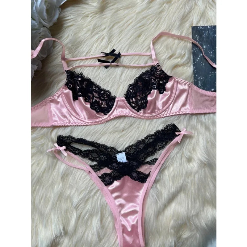 Toucheart Sexy Lace Patchwork Pink Lace Bra Thong Underwear Set For Women Bow Knot Black Lace Up Hollow Out Sexy Lingerie Set