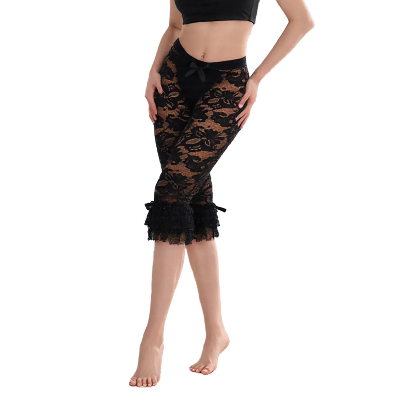 Women Summer Lace Ruffle Capri Leggings Solid Color Sheer Mesh Elastic High Waist See Through Pants