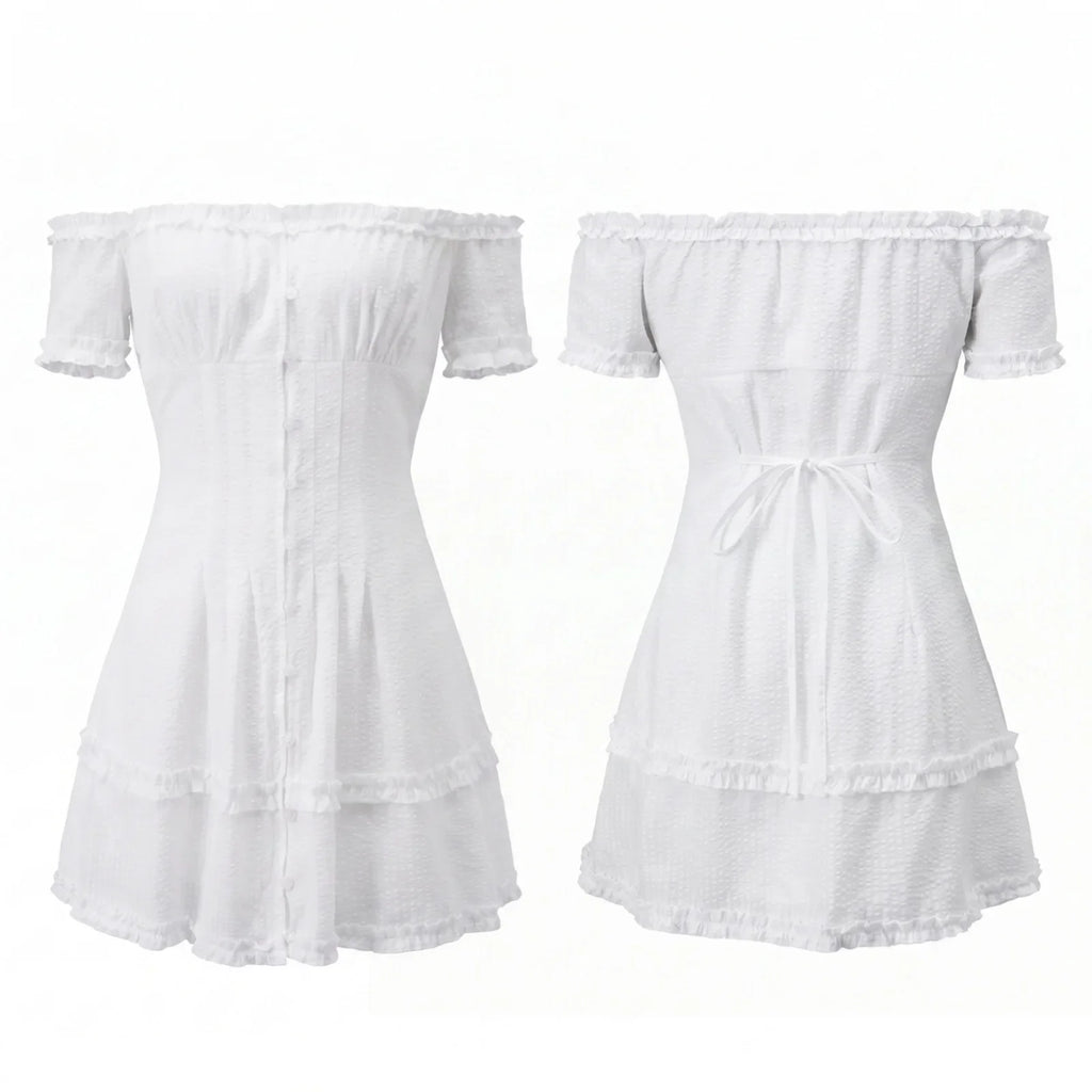 Women Summer White Dress Trim Off Shoulder Short Sleeve Button-up A-line Mini Dresses for Daily Office Party