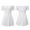 Women Summer White Dress Trim Off Shoulder Short Sleeve Button-up A-line Mini Dresses for Daily Office Party