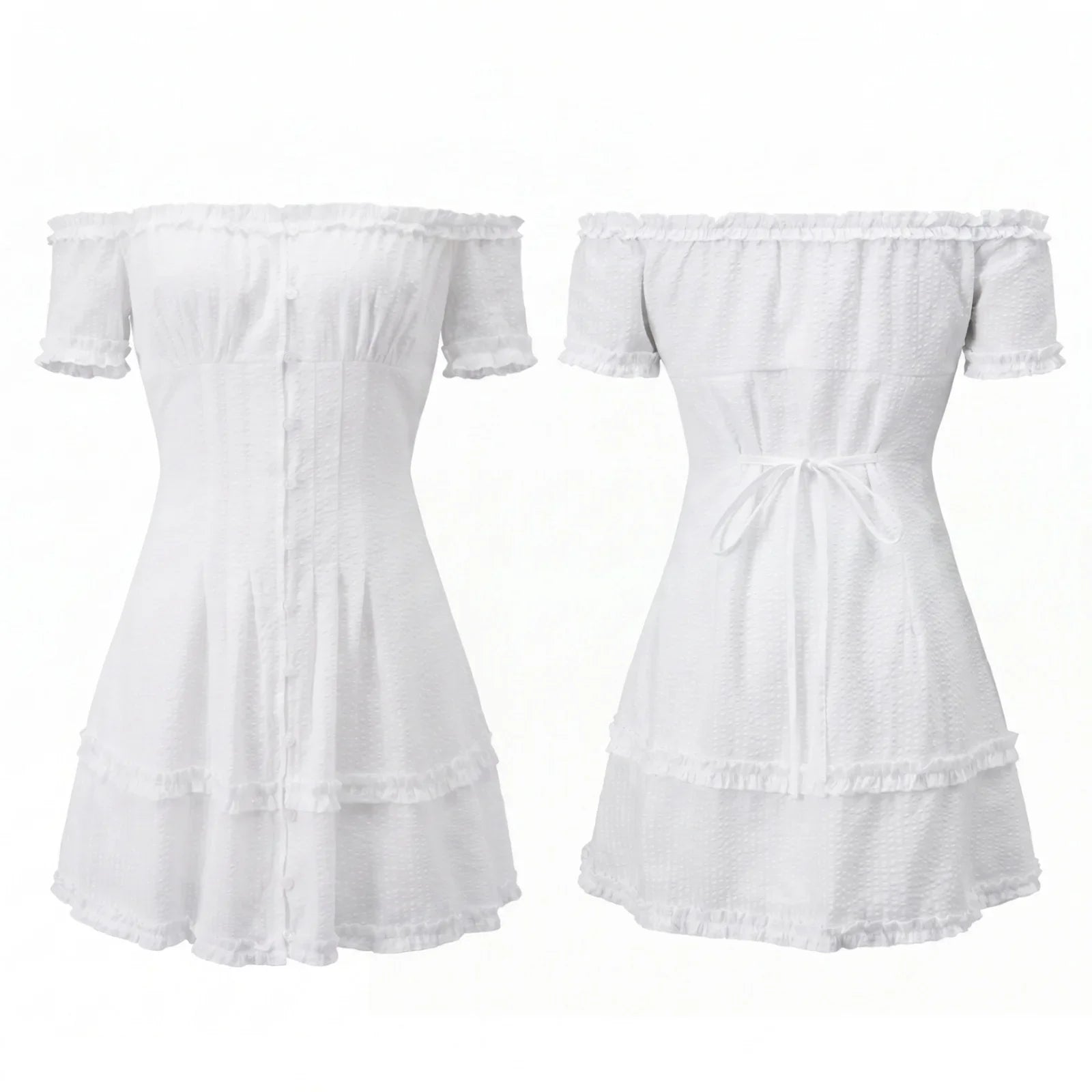 Women Summer White Dress Trim Off Shoulder Short Sleeve Button-up A-line Mini Dresses for Daily Office Party