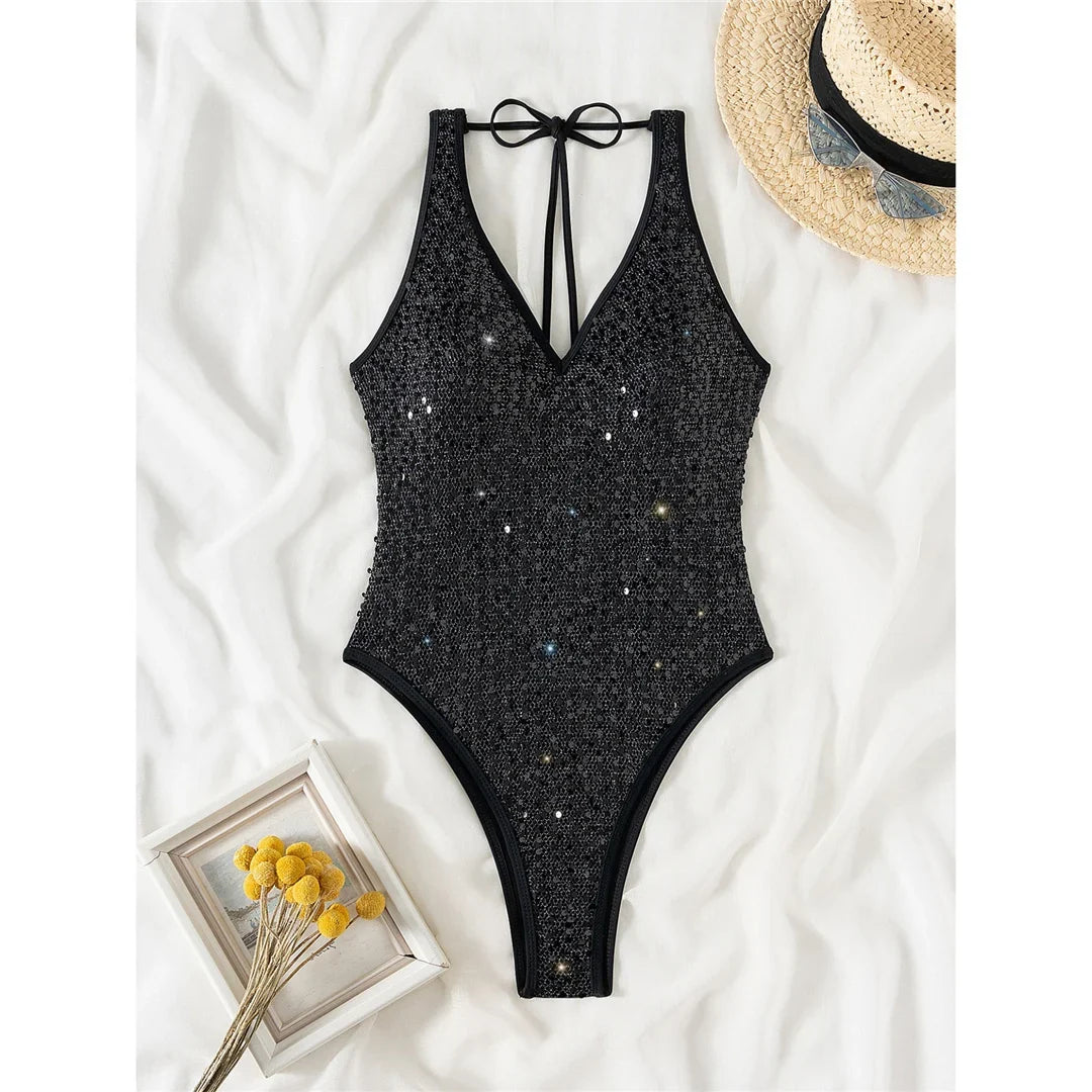Sexy Sparkling Sequins V Neck Backless Women Swimwear One Piece Swimsuit Female Monokini High Cut Bather Bathing Suit Swim V6425