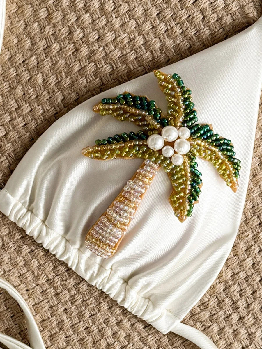 3D Coconut Tree Halter Pearls Mini Micro Bikini Women Swimsuit Female Swimwear Two-pieces Bikini Set Bather Bathing Suit Swim