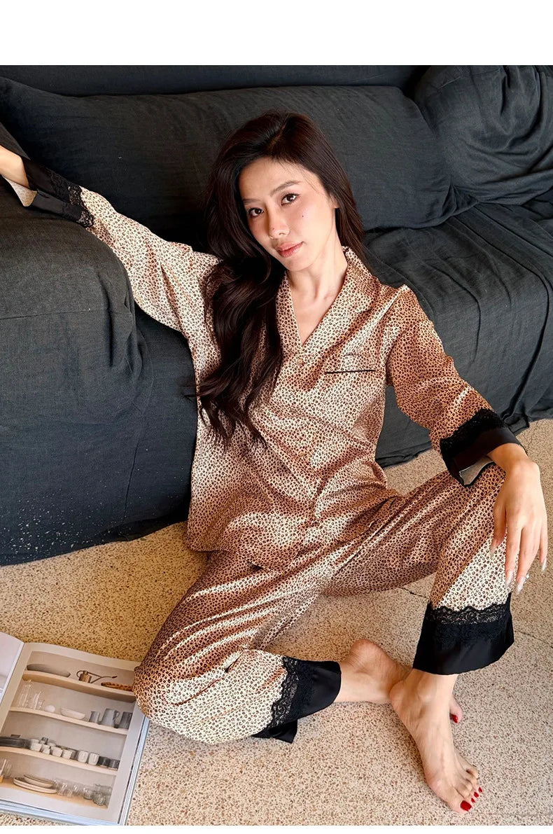 2026 Pajamas for Women Ice Silk Sexy Lace Small Leopard Print Long Sleeve Home Clothes Pajamas Set Can Be Weared Outside