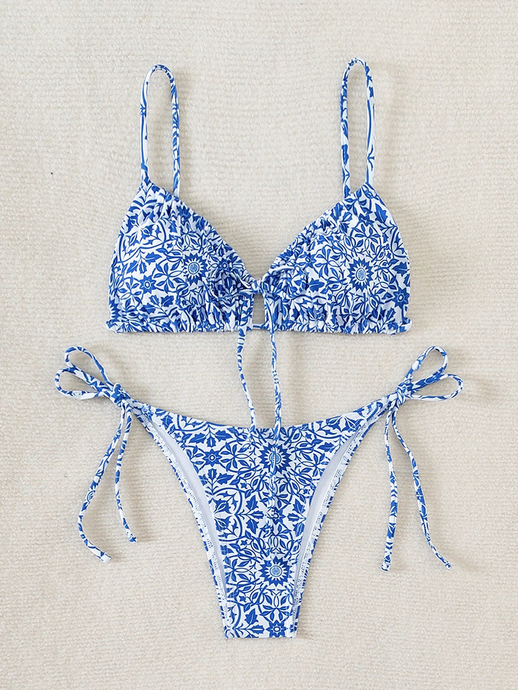 Sexy Floral Print Micro Bikinis Sets Two Pieces Blue Porcelain Swimwear Drawstring Swimsuit Women Biquini Thong Bathing Suits