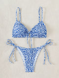 Sexy Floral Print Micro Bikinis Sets Two Pieces Blue Porcelain Swimwear Drawstring Swimsuit Women Biquini Thong Bathing Suits