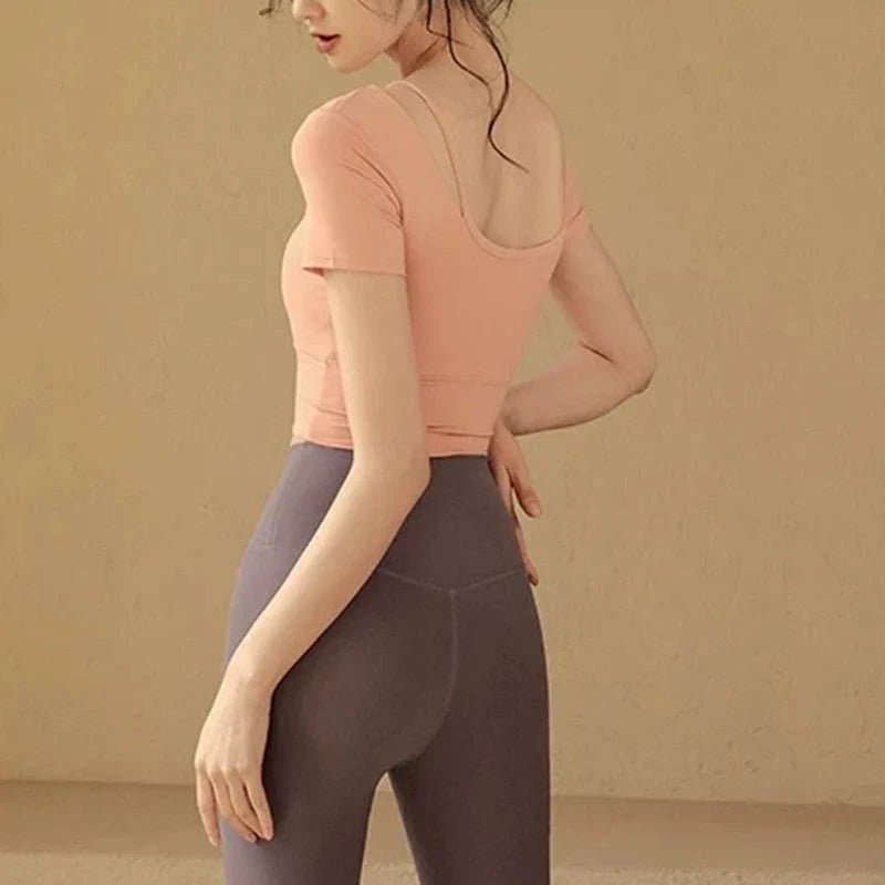 Women's Quick-Dry Yoga Sports Top with Chest Cushion Sexy Short-Sleeved Fitness T-Shirt Tight-Fitting Navel Revealing Yoga Suit