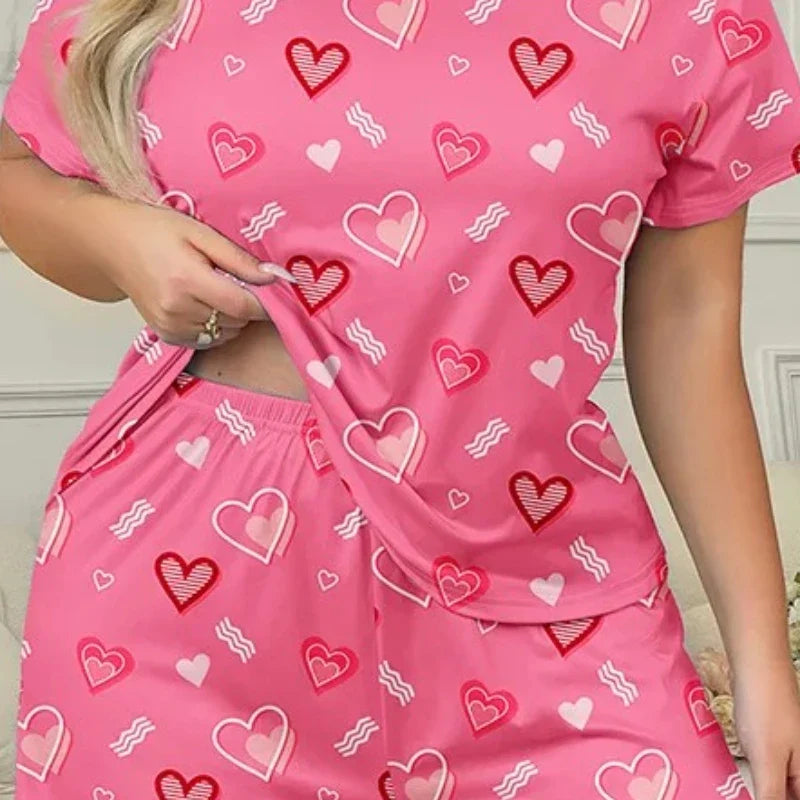 Pink Heart Print Plus-Size Women Sleepwear Pajama Set Nightgowns  Short Sleeve Tee and Shorts  Nightclothes 3XL 4XL 5XL Smooth