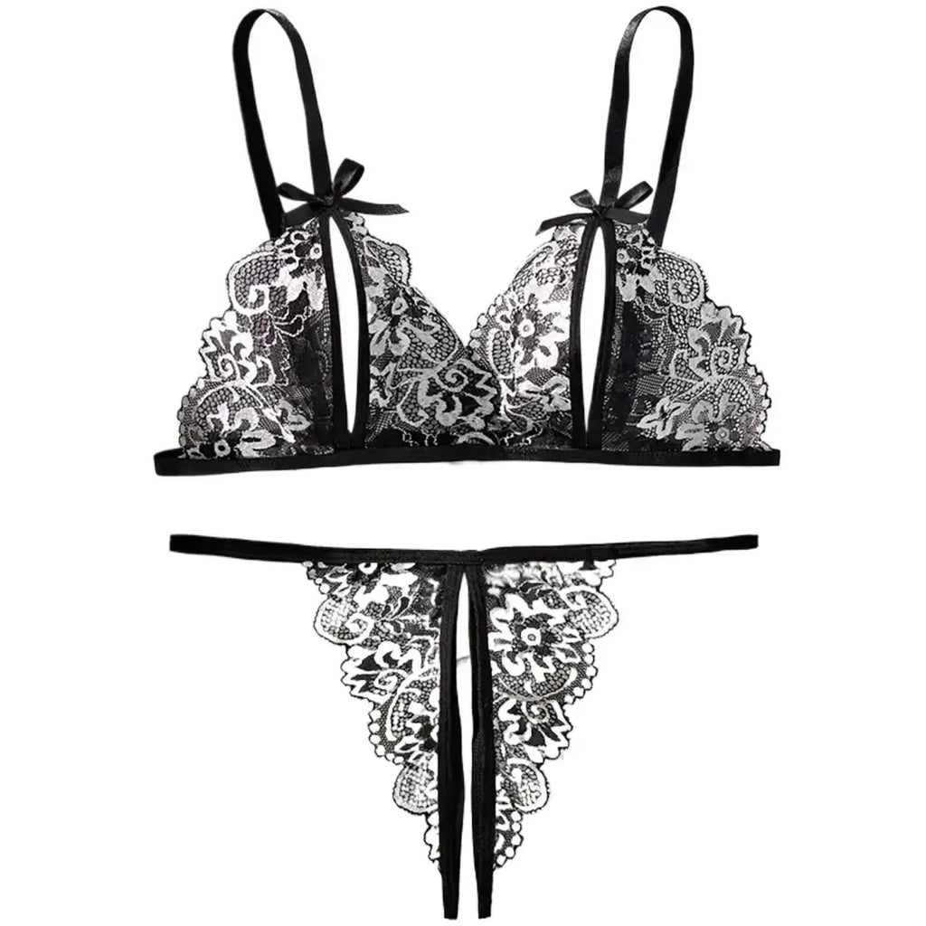 Floral Lace Sexy Lingerie Bow Open Split Cup Intimates Bra And Thongs Sets Crotchless Naughty Porn Sex Outfit Women's Underwear
