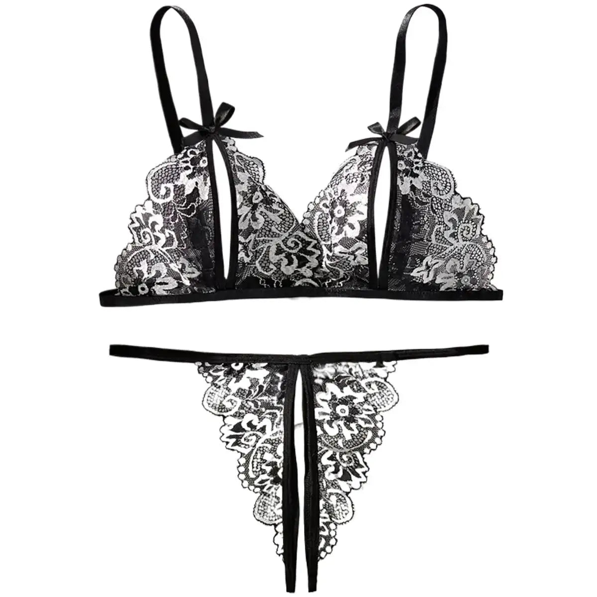 Floral Lace Sexy Lingerie Bow Open Split Cup Intimates Bra And Thongs Sets Crotchless Naughty Porn Sex Outfit Women's Underwear