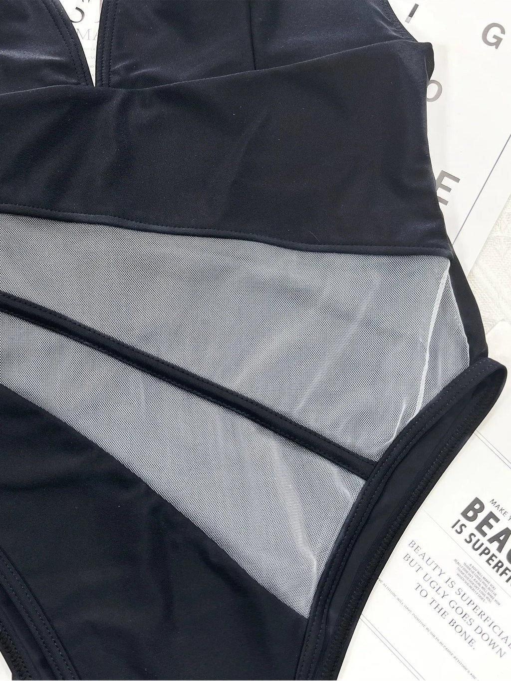 2026 Sexy One Piece Swimsuit Swimwear Women Black Perspective Mesh V-neck One-piece Bathing Suit Beachwear Maillot De Bain Femme