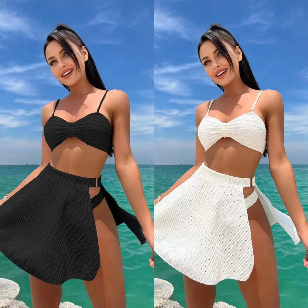 Sexy White Black 3 Piece Bikinis Sets Women Front Bow Push Up Split Mesh Skirt Swimsuit 2026 Beach Bathing Suit Thong Swimwear