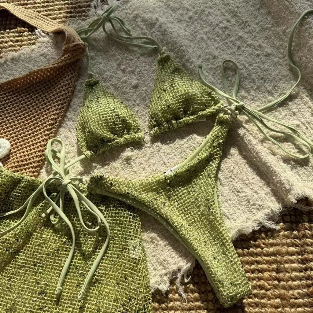 With Fishnet Sarong Skirt Halter Micro Bikini Women Swimwear Female Swimsuit Three-pieces Bikini Set Bathing Suit Swim Beachwear
