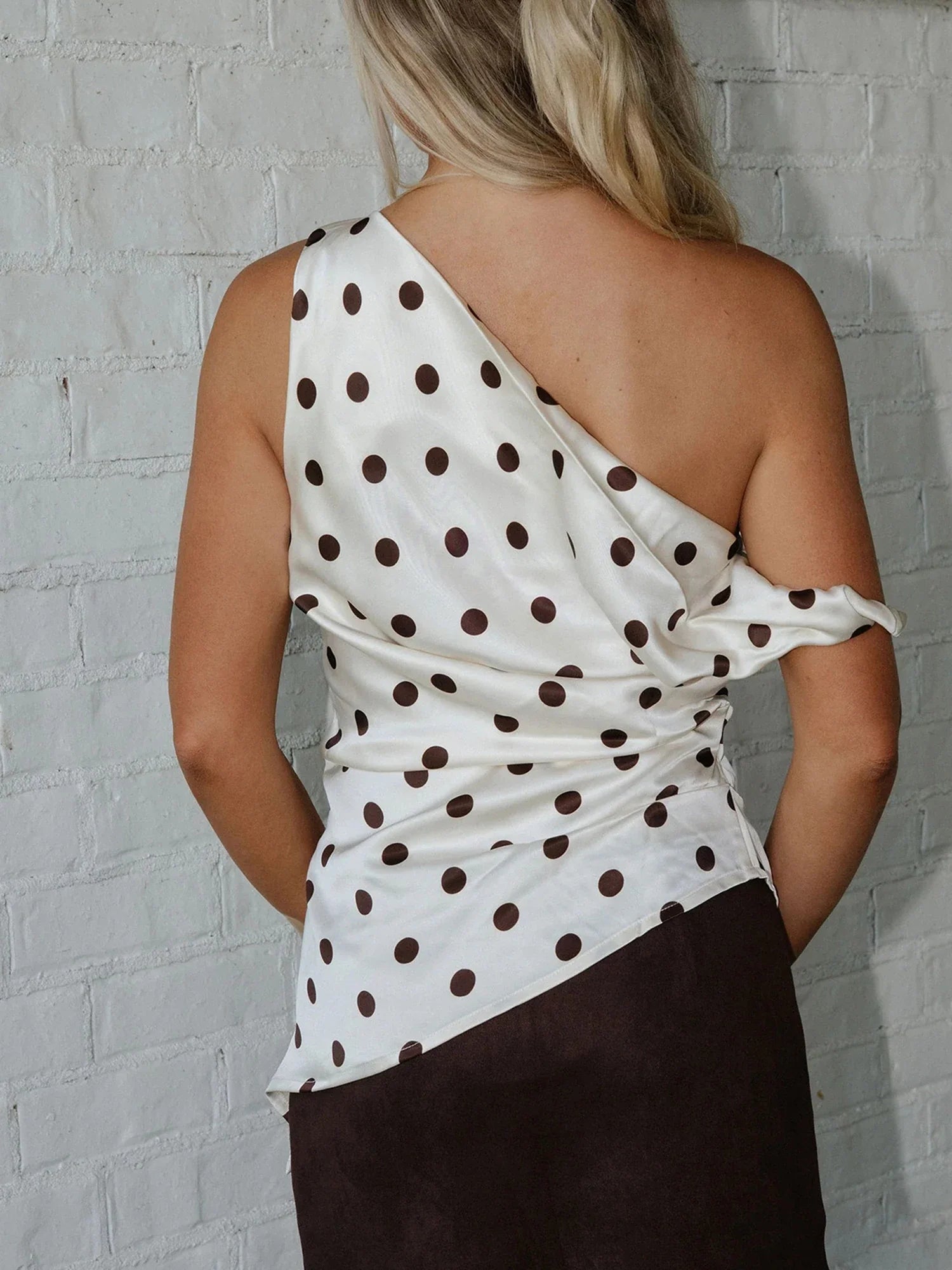 Women’s Satin Off Shoulder Tank Tops Trendy Sleeveless Dots Print Asymmetric Tops Summer Slim Fit Vest