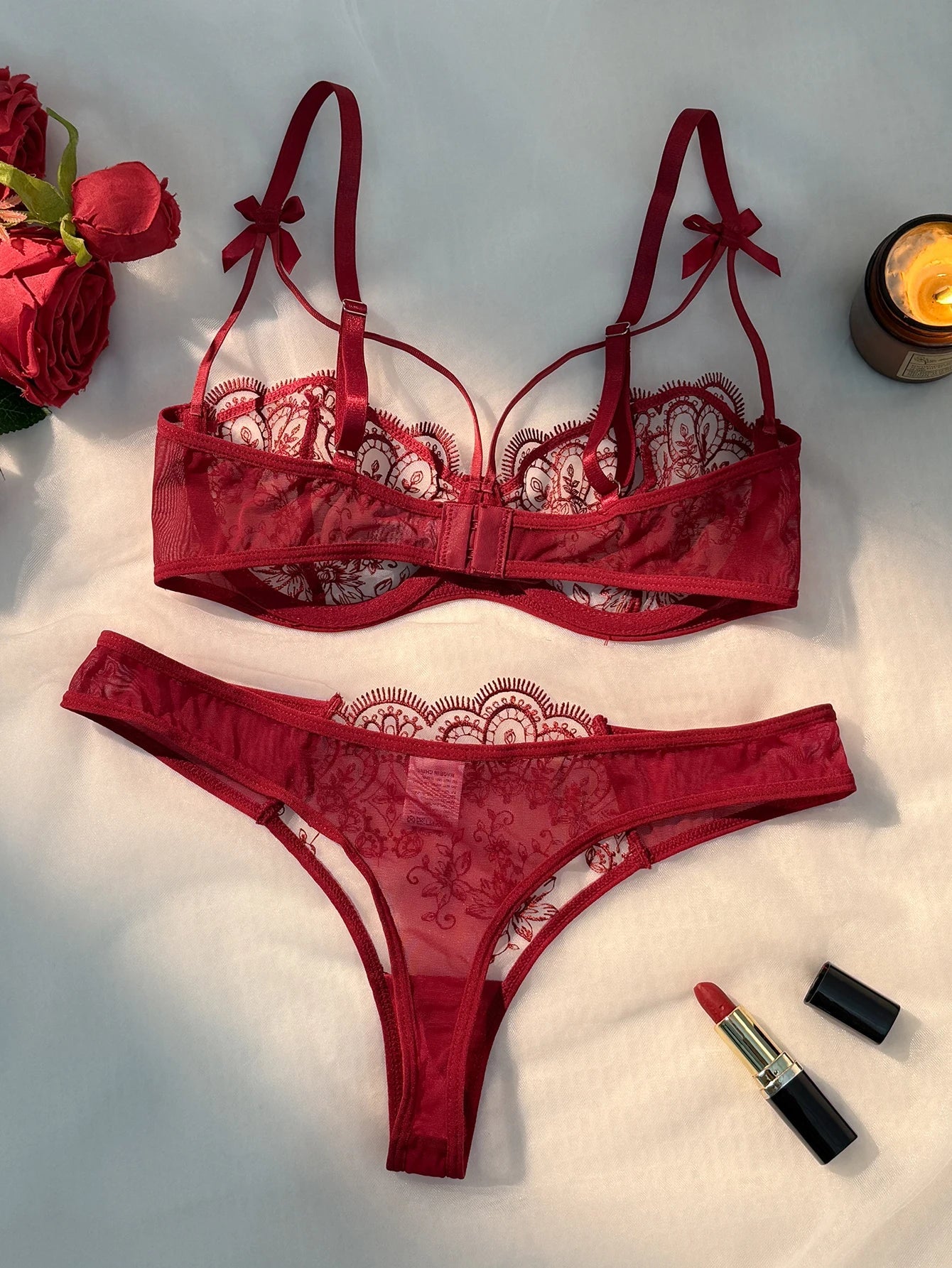 Red Floral Lace Lingerie Set Sheer Mesh Underwire Bra With Bow & Thong Women Sexy Underwear ZA824057
