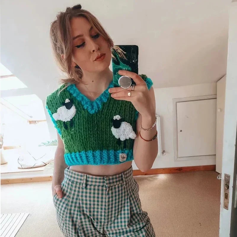 Foridol Sheep Knitted Sweater Vest Vintage Animal Sleeveless Blue Cropped Sweater Vest Waistcost 2025 Autumn Winter Tops