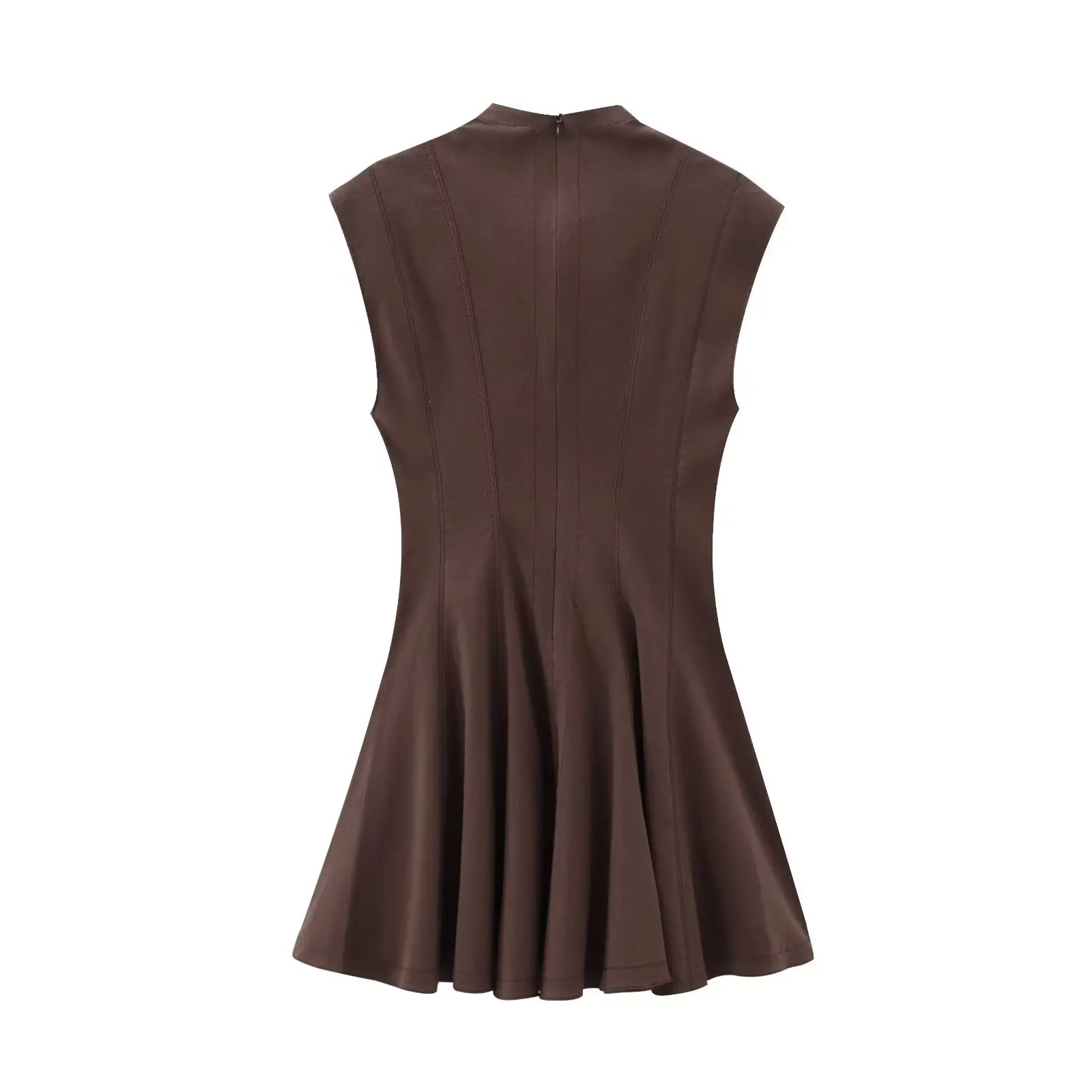 Foridol Stand Collar Sleeveless Pleated Tank Dress for Women Brown Casual Short Autumn Winter Dress Zip Black Ladies Vestidos