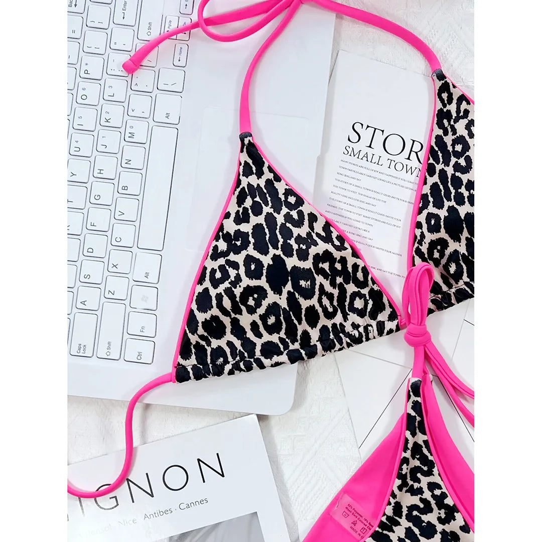 Sexy Leopard Printed Halter Brazilian Bikini Women Swimwear Female Swimsuit Two-Piece Bikini Set Bather Bathing Suit Swim V3681