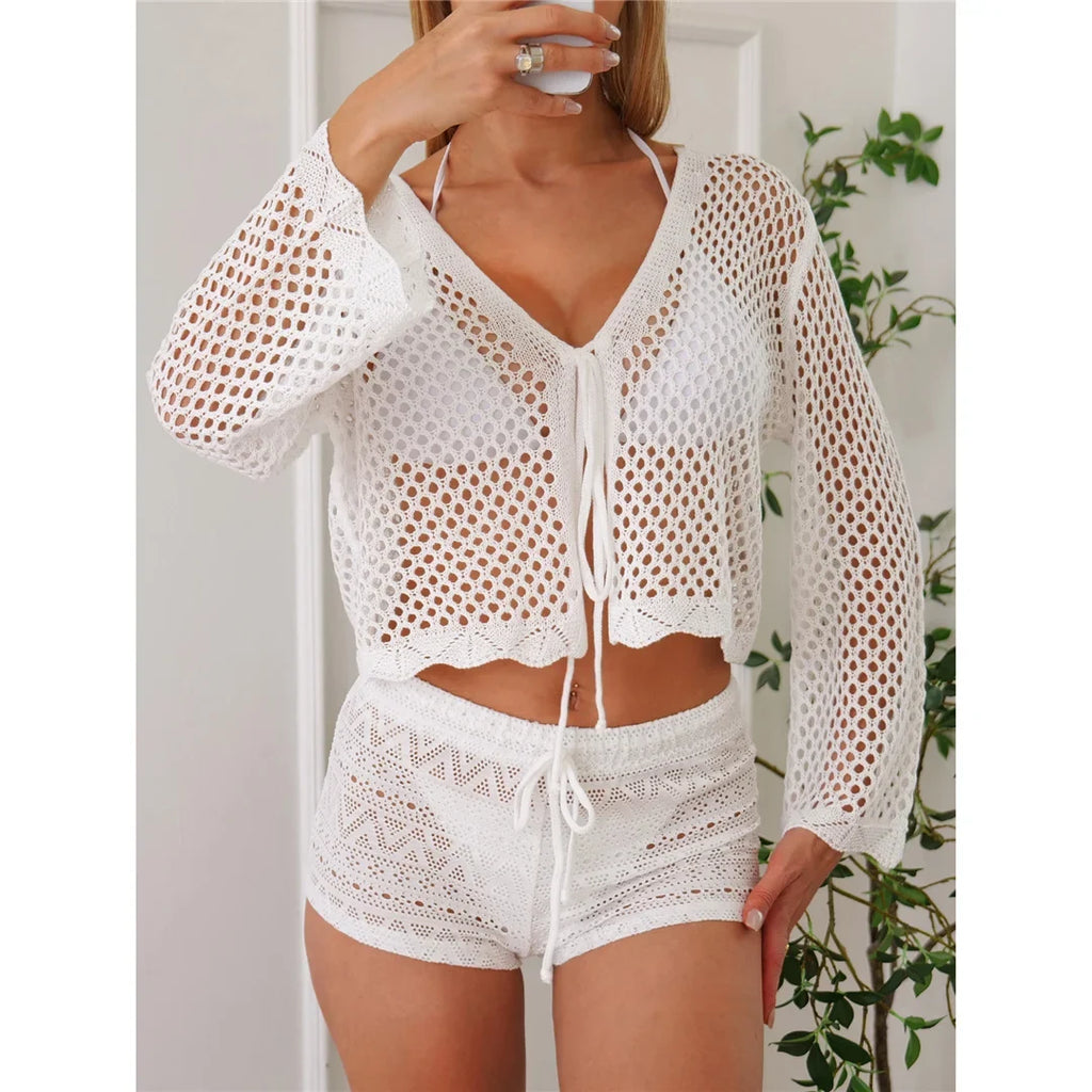 V Neck Long Sleeve Hollow Out Crochet Knitted Tunic Beach Dress Beach Wear Beachwear Beach Cover Up Cover-upsFemale Women V7192