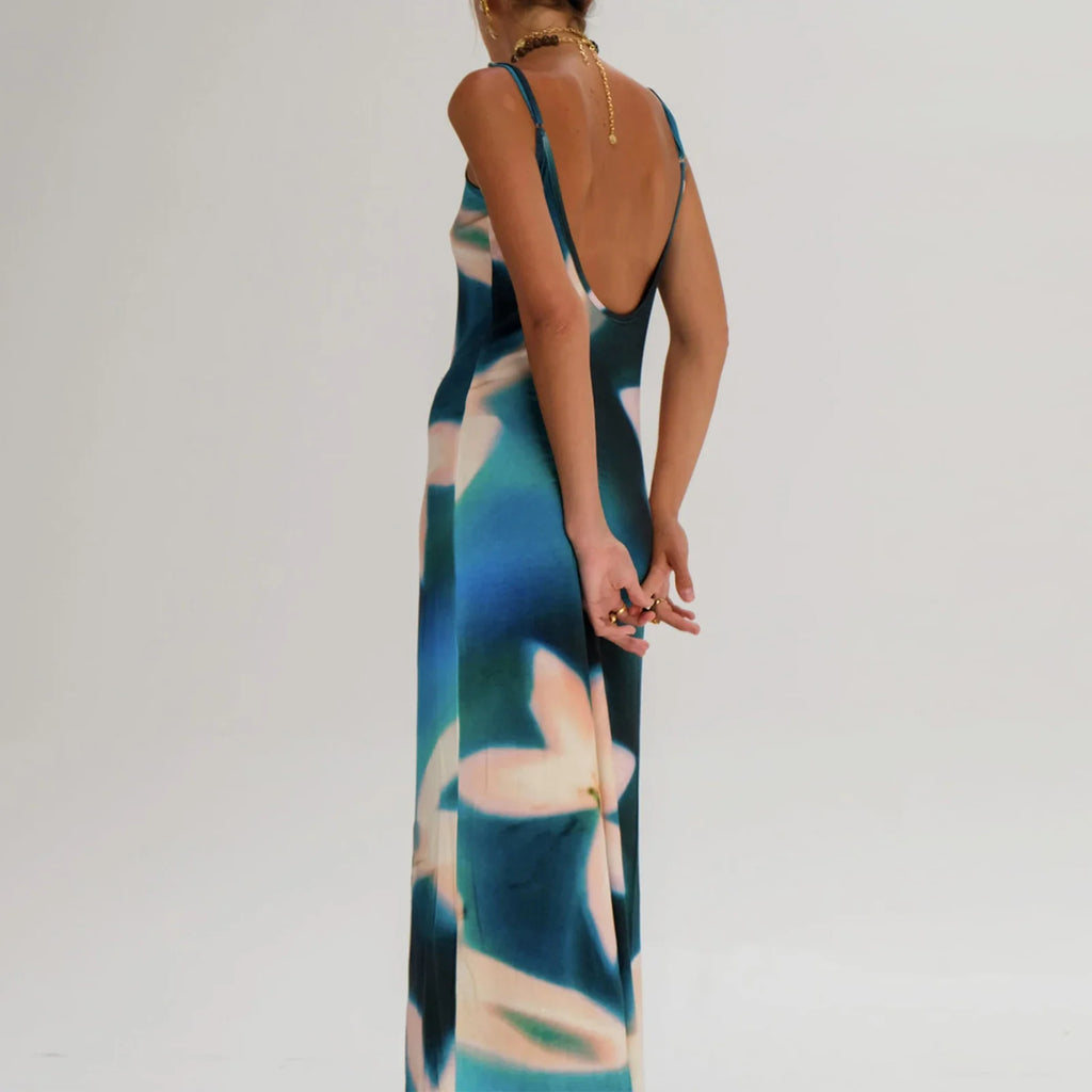 Summer Tie-Dye Floral Print Backless Party Dress Women Sleeveless Spaghetti Strap Sexy Bodycon Dress for Vacation Cocktail Beach