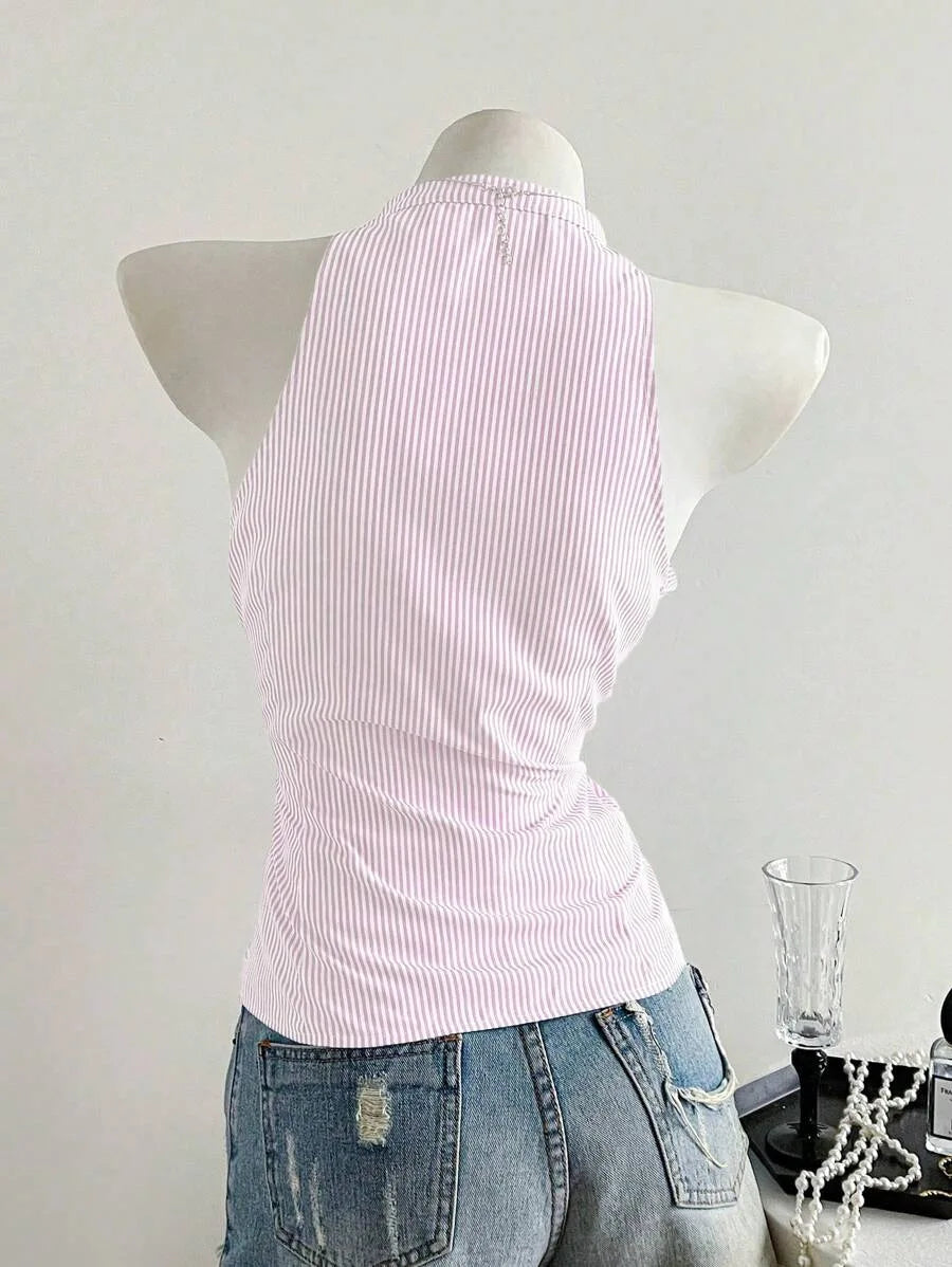 Summer Casual Shirt Women's Blue Striped Halter Top V Neck Button Down Sleeveless Slim Fit Blouse 2026 Y2K Style Streetwear