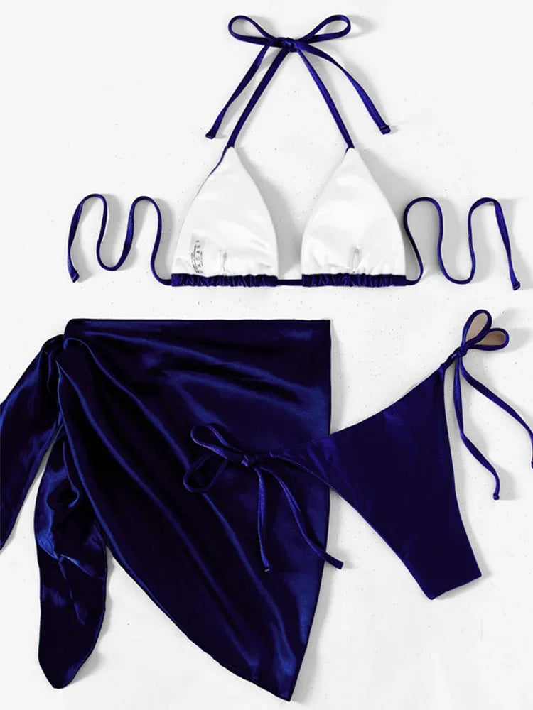 3pcs Halter with Skirt Sarong Satin Bikini Women Swimwear Female Swimsuit Three-pieces Bikini Set Micro Bather Bathing Suit Swim