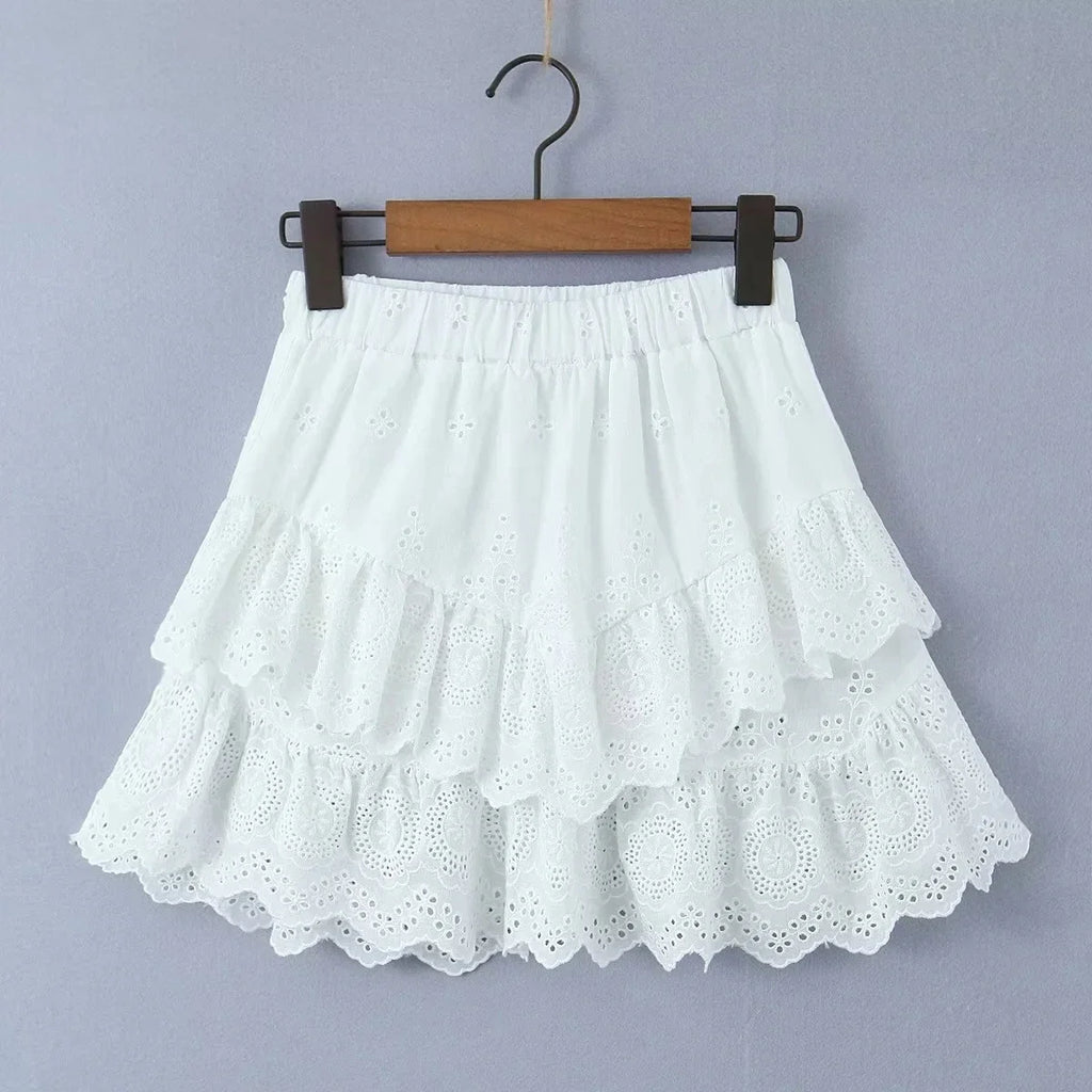 Foridol Summer Off Shoulder White Lace Skirt Set Dress Women Outfits Ruffles Tiered Mini Flower Embriodery Two Pieces Beach Suit