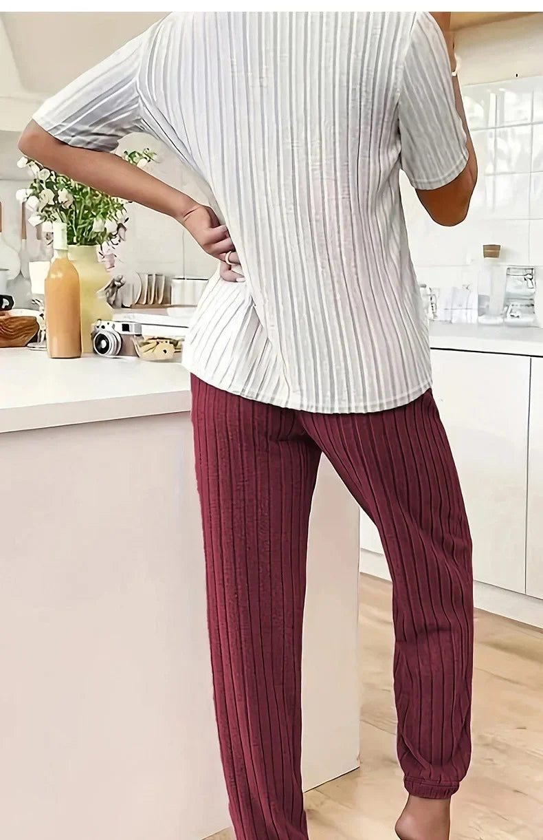 Autumn Winter Round Neck Short Sleeve Long Pants with Ribbed Stripes and Letter Heart Print Women's Pajamas Home Wear
