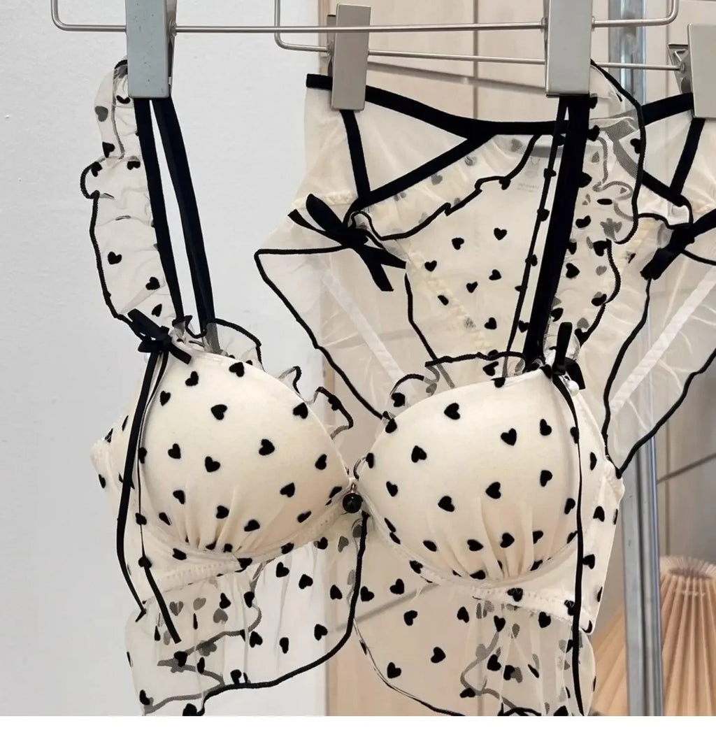 Japanese Mesh No-wire lace Underwear set Women's small breasts gather sexy pure desire sweet bra cute bra Panty SET TUSHY
