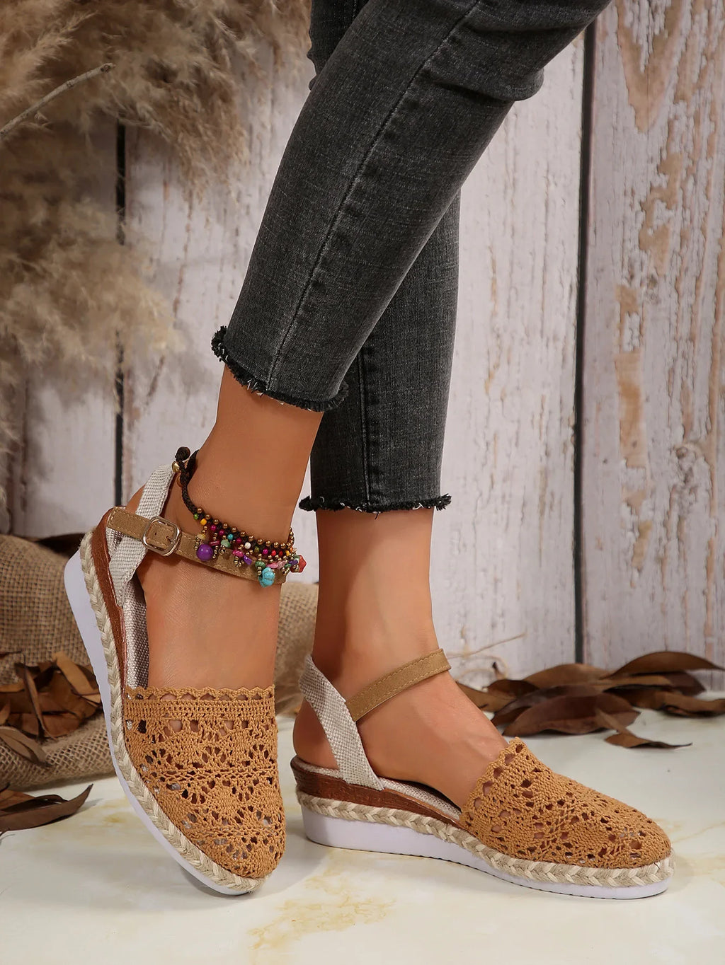 Hollow Fabric Roman Shoes Summer Travel Round Head Wedge Toe Fashion Sandals Comfortable Thick-sole Women's Shoes 2026