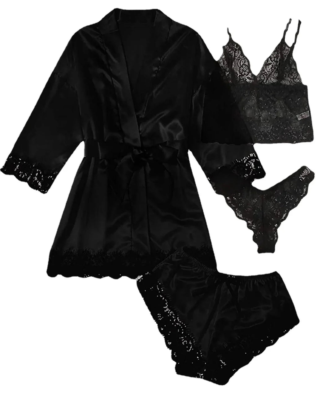 4pcs Women Striped Lingerie Set Lace Trim Robe Camisole Shorts Panties Nightwear Sleepwear Homewear Sexy Pajamas Outfit