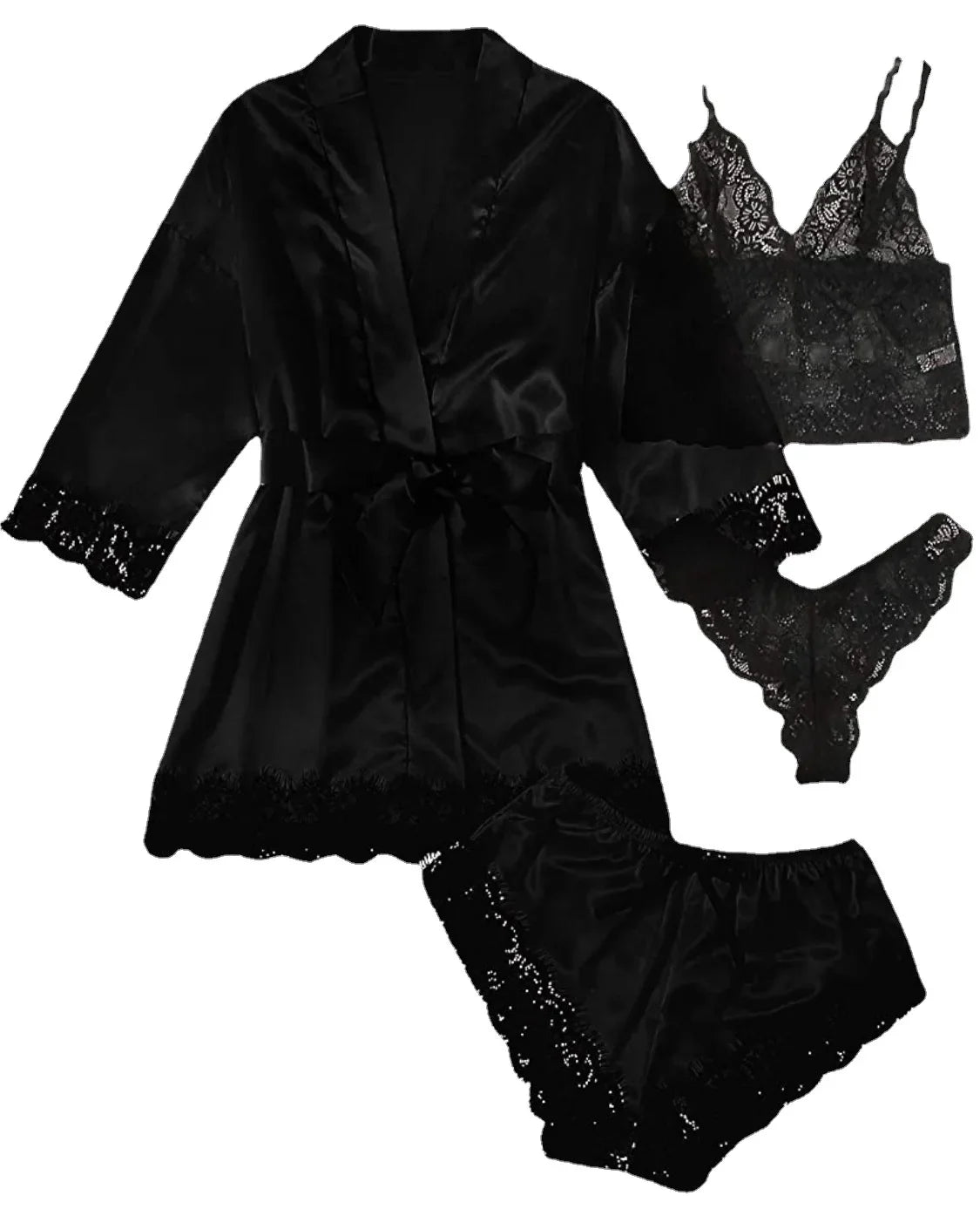4pcs Women Striped Lingerie Set Lace Trim Robe Camisole Shorts Panties Nightwear Sleepwear Homewear Sexy Pajamas Outfit