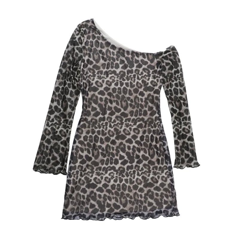 Spring Summer Off-Shoulder Sexy Leopard Print Long-Sleeve Dress European-Style Casual Backless Bell-Sleeve Mini Skirt Streetwear