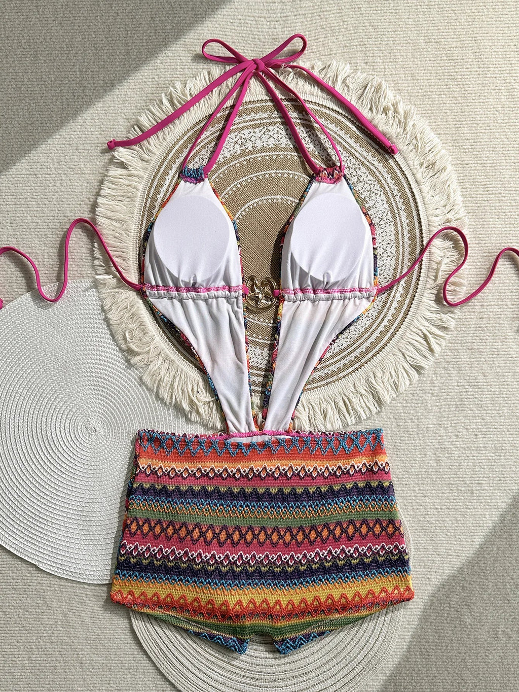 Sexy Hot Pink Knitted Striped Swimsuit 2026 Women Metal Circle Patchwork Hollow Backless Beach Bathing Suit One Piece Swimwear