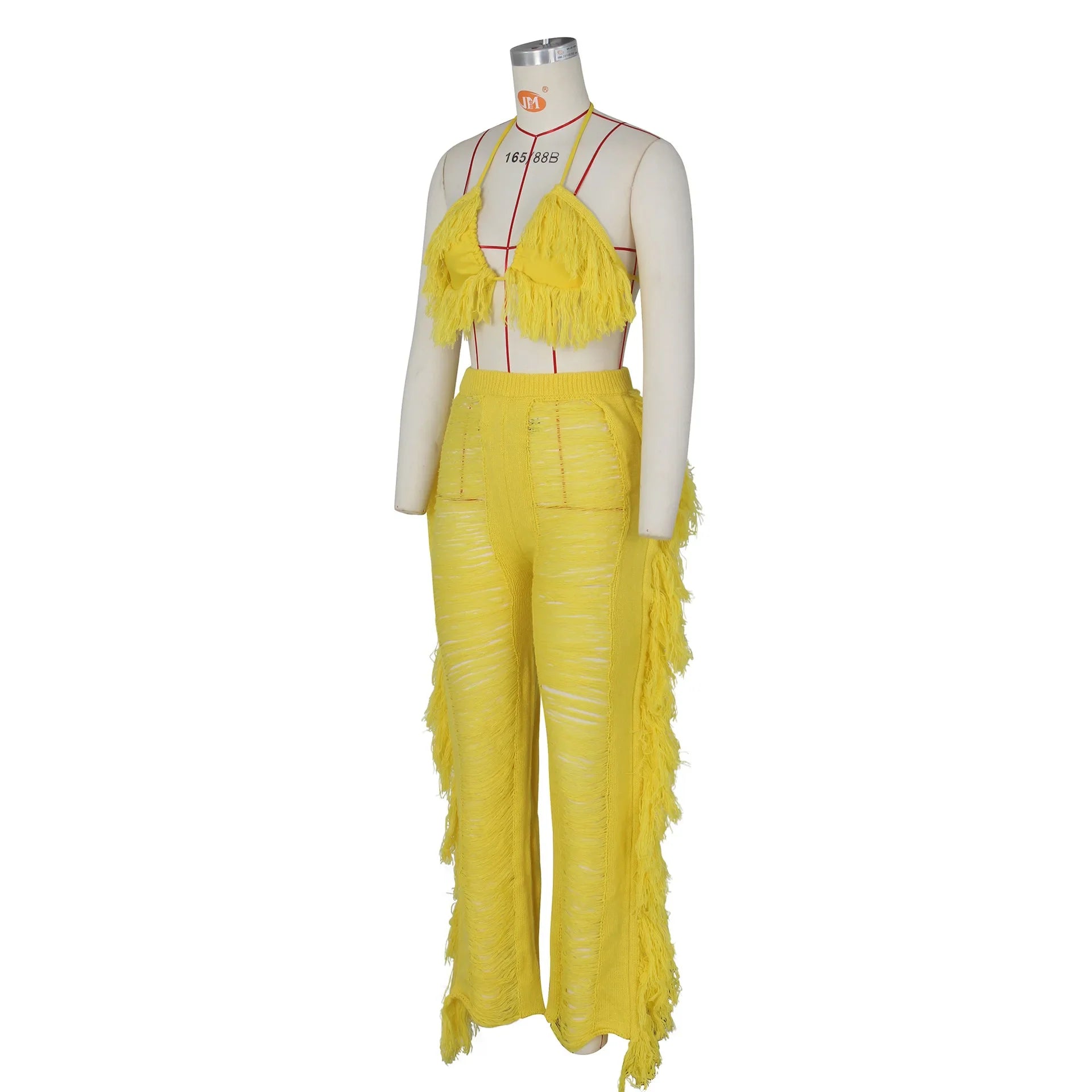 DEKAWomen Tassel Pants Knitted Bra Top Bikini Set Swimsuit Handemade Crochet Bikini Cover Up Tassel Beach Long Wrap Pant