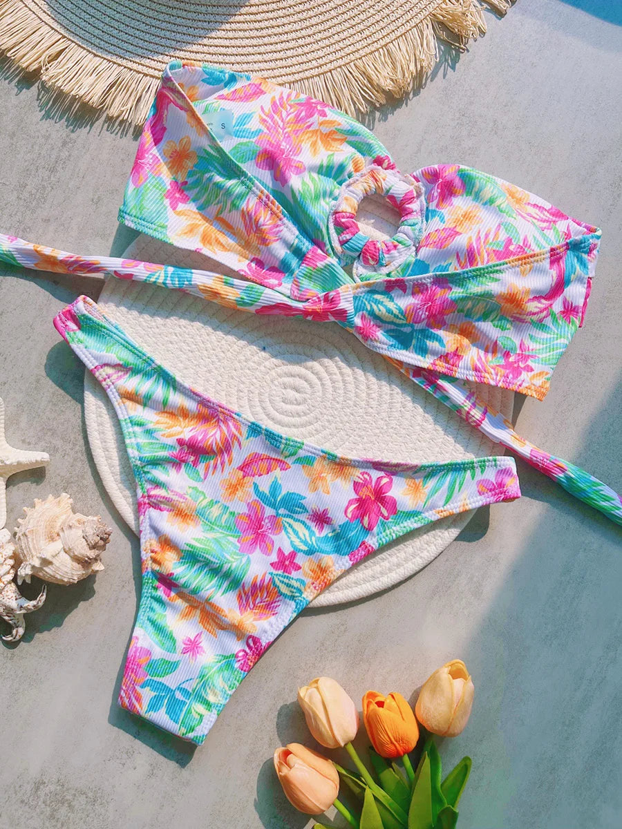 Floral Printed Wrinkled Bandeau Bikini Female Swimsuit Women Swimwear Two-pieces Bikini Set High Cut Bather Bathing Suit Swim