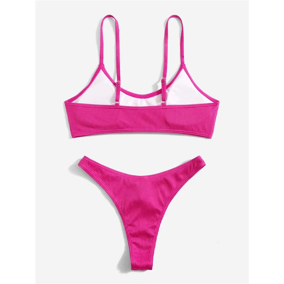 Ribbed High Leg Cut Bikini Female Swimsuit Women Swimwear Two-Pieces Bikini Set Brazilian Padded Bather Bathing Suit Swim V7126
