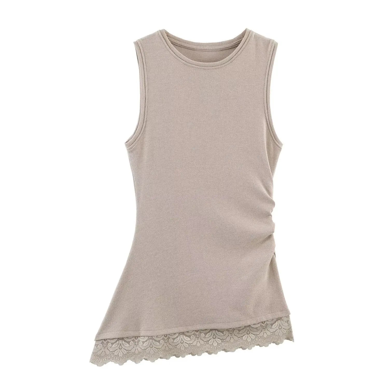 Women's Fashionable  Casual Pleated Lace Top Women Ruched Side Lace Trim Sleeveless Tank Top Casual Slim Fit Basic Tops 1JTD