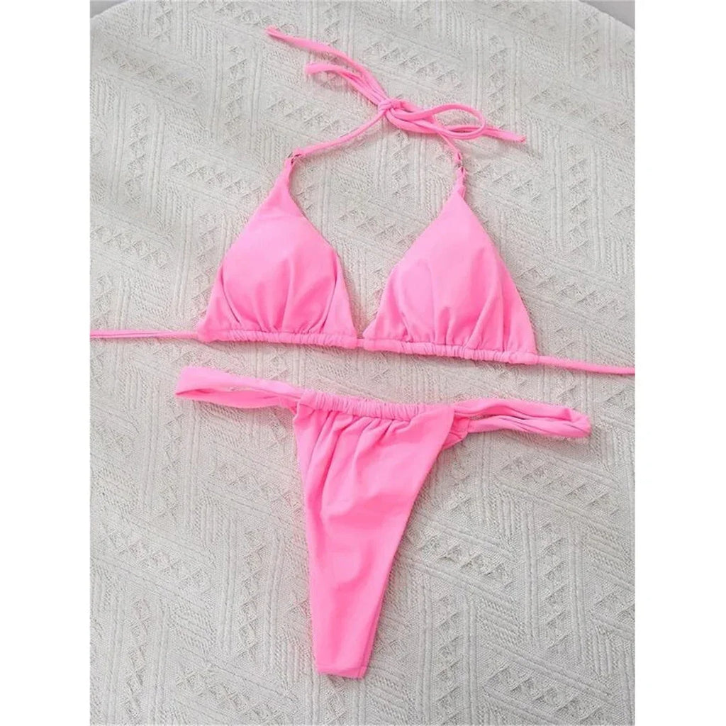 PU Pleated Ruched Bikinis Mini Micro Thong Bikini Women Swimwear Female Swimsuit Two-pieces Bikini Set Halter Bathing Suit Swim