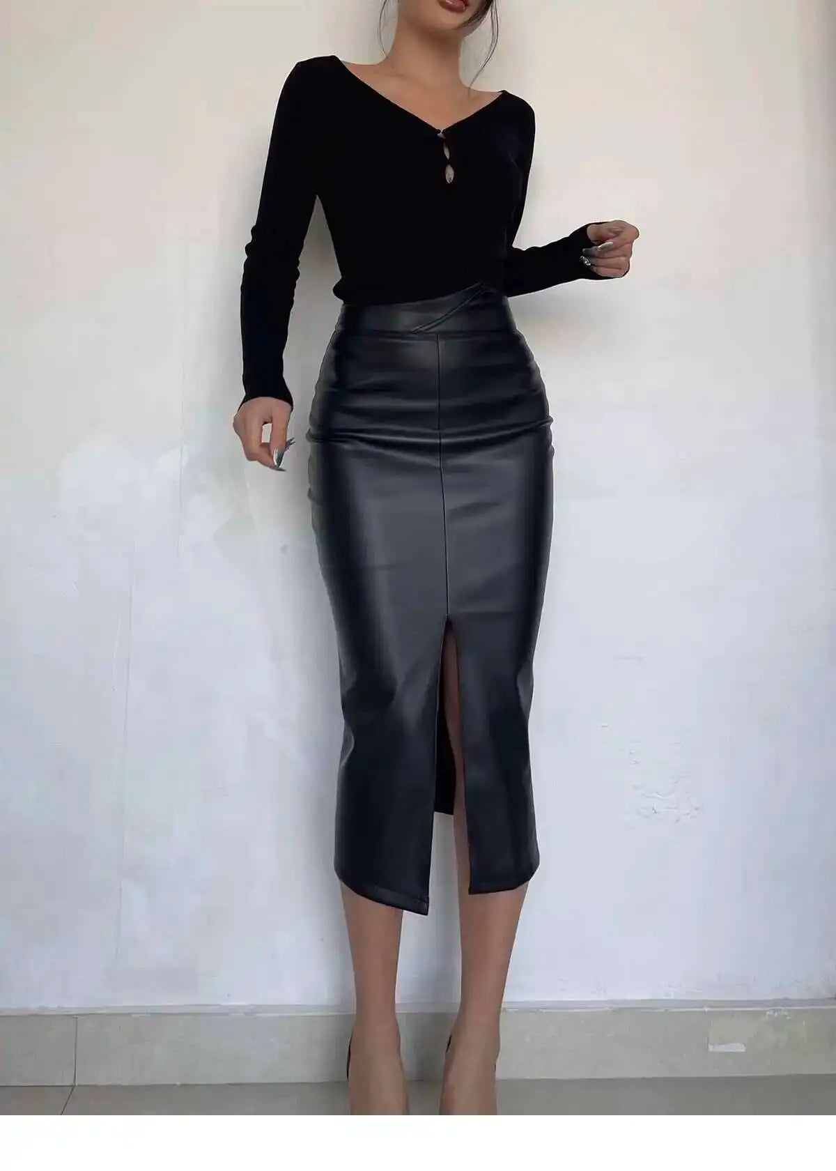 Sexy One Step Split PU Leather Half Skirt For Women's New High Waisted Slim Streetwear Black PU Fashion Womne Mini Dress  YTM8