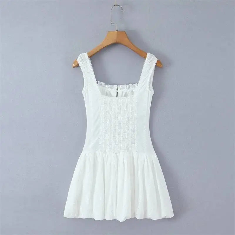 Square Neck Lace Trim Spliced Strap Dress For Women Front Mini Bud Skirt White Lace Mini Dress Ruffle Casual Summer Dress 4MXE