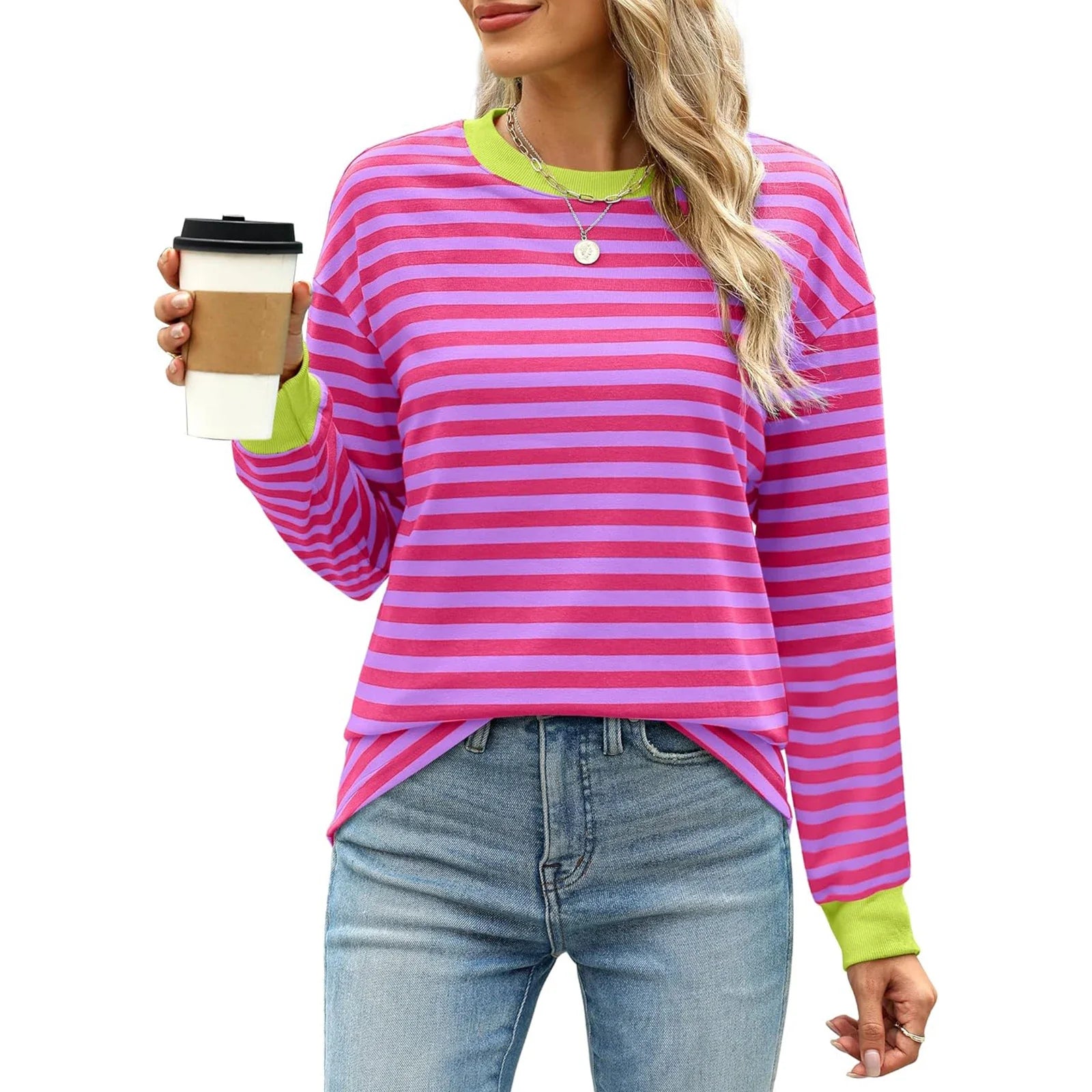 Autumn Winter Long Sleeve Basic T-Shirts Women Stripe Print Round Neck Casual Loose Fit Tunic Tops Streetwear