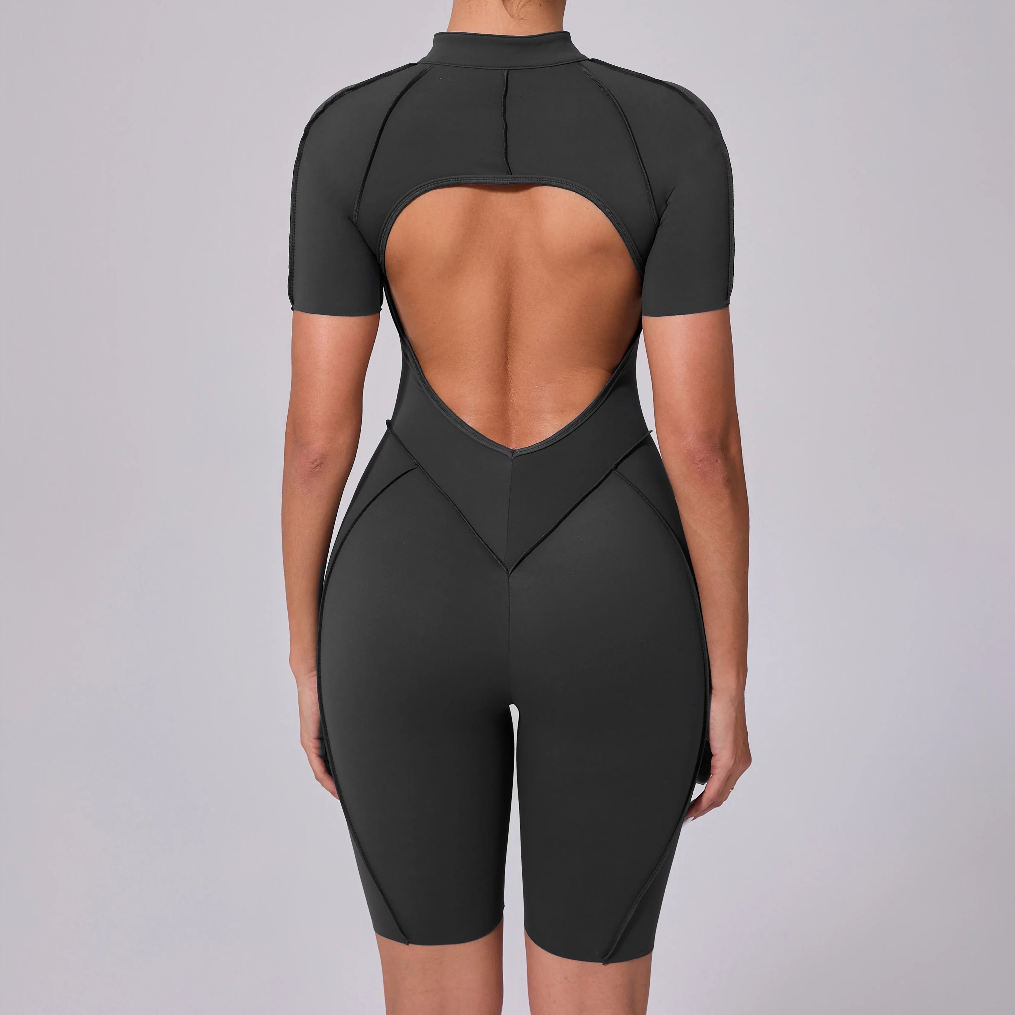 Summer Zipper Workout Jumpsuit Sports Overalls Women Running Fitness Short Sleeve Yoga Bodysuit