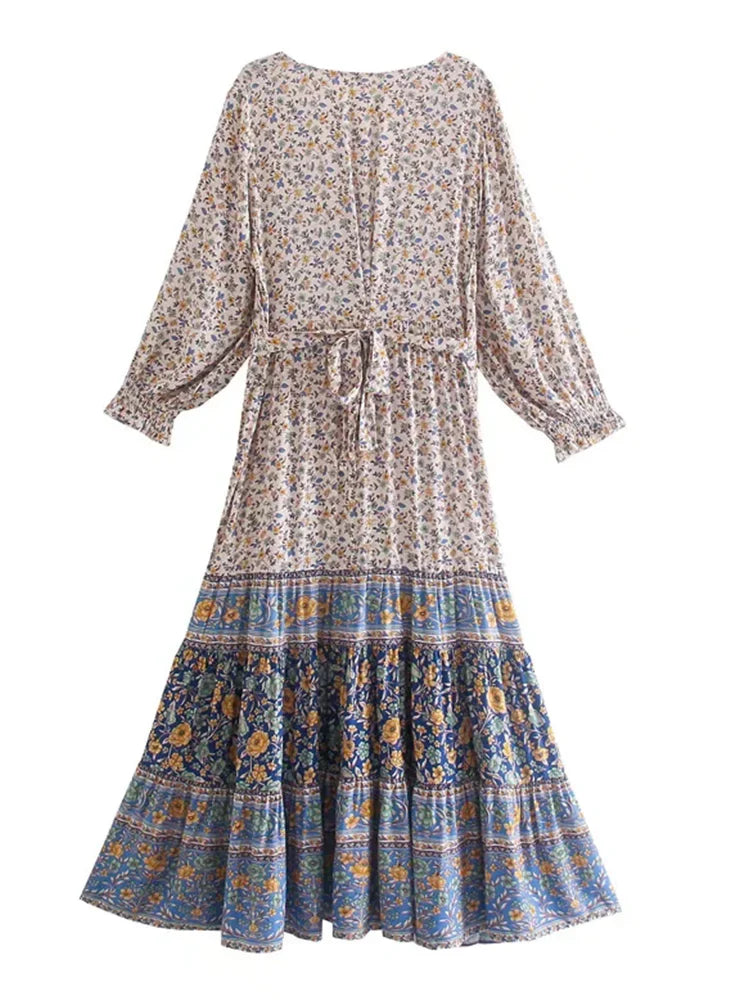 Floral Print Boho Long Dresses with Sleeves Vestidos Para Mujer Ruffles Sash Beach Casual New in Dress Loose Retro Sundress