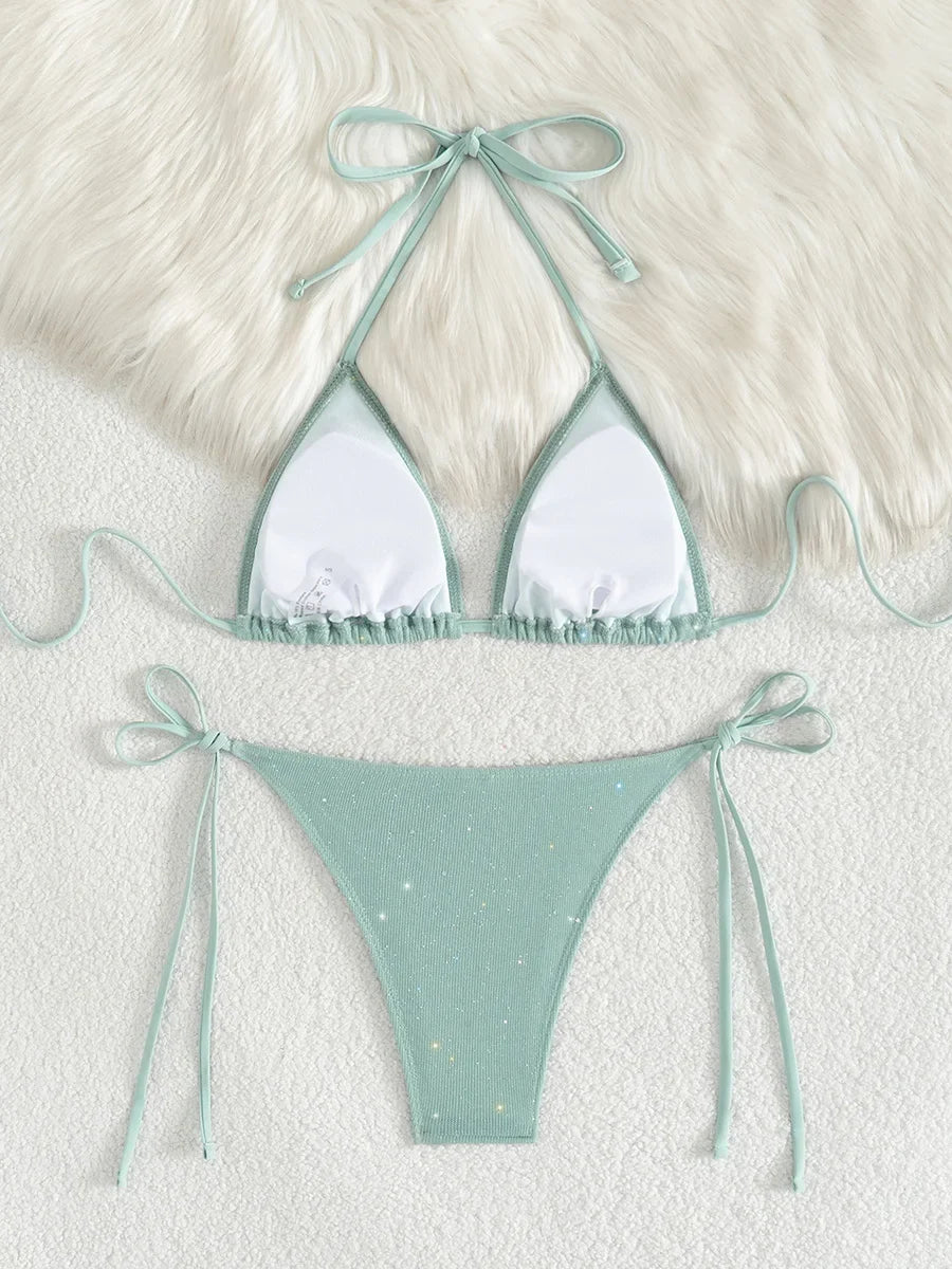 Shiny Sparkling Halter Strappy Bikini 2025 High Cut Bikinis Female Swimsuit Women Swimwear Two-pieces Bikini Set Bathing Suit