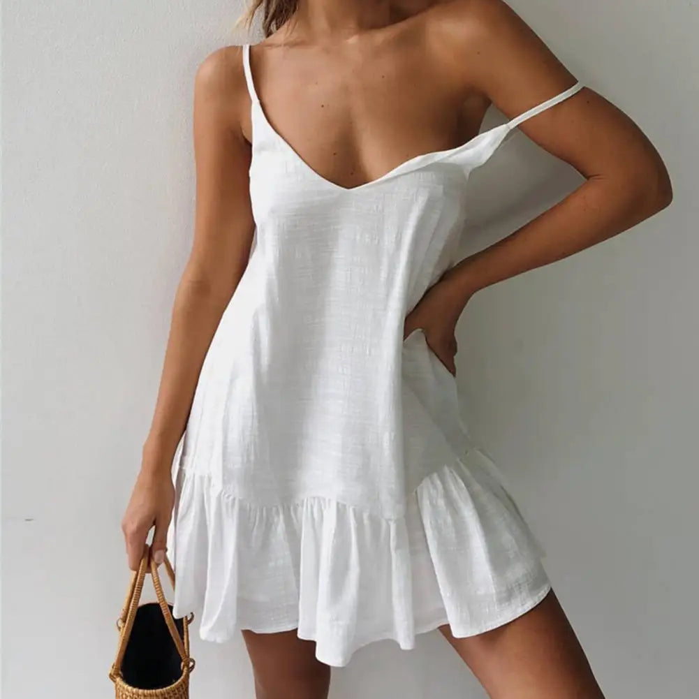 V Neck Summer Dress for Dating Women Dress Solid Color Flounce Edge Spaghetti Strap Women Party Dresses